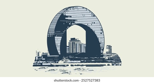 Esboço Ilustração de Crescent Building, um marco de Baku, Azerbaijão.