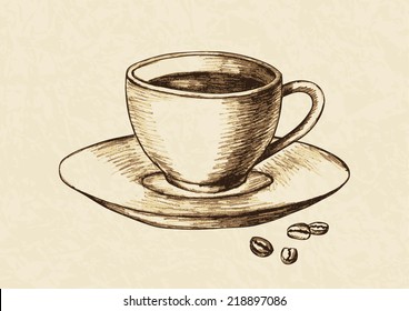 Sketch illustration of a cup of coffee and coffee beans