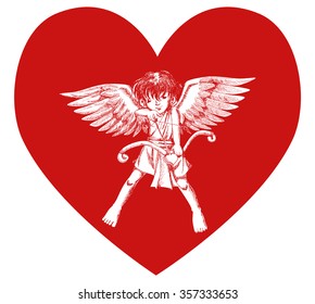 Sketch illustration of a cupid on heart symbol