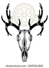 Sketch Illustration of a deer skull with boho pattern. Vintage hand-drawn graphic of deer. Vector element for tattoo sketch, printing on T-shirts, postcards.