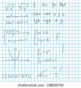Sketch illustration with different mathematical formulas. Trigonometry, algebra, quadratic equation, graphic, system of equation and other.