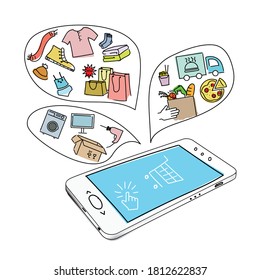 Sketch illustration in the Doodle style of an online store, online Commerce, and ordering goods over the Internet. Smartphone app, shopping cart icons for products, food, clothing, home appliances