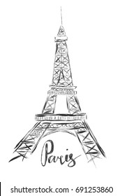 Sketch illustration of Eiffel Tower on white background and hand writing word Paris