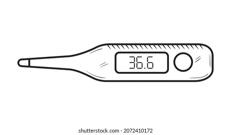 Esbozar la ilustración del termómetro electrónico. Dispositivo de medición de la calefacción. Detección de fiebre. Equipo médico y de enfermería. Doodle de contorno negro