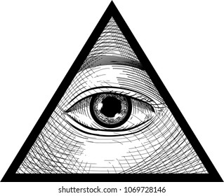 Sketch Illustration of an Eye Looking from the Inside of a Triangle as Third Eye Concept