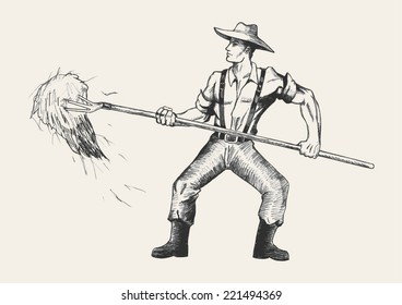 Sketch illustration of a farmer with a pitchfork collecting hay