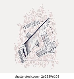 Sketch illustration of firewood and saw in a fireplace with fire. Hand-sketched in fine lines.