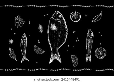 Sketch illustration of fish and spices for restaurant. Black and white vector image of food from three different types of fish, pieces of lemon, pepper, olives.