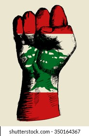 Sketch illustration of a fist with Lebanon insignia
