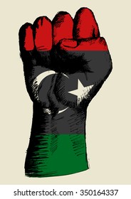 Sketch illustration of a fist with Libya insignia