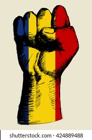 Sketch illustration of a fist with Romania insignia