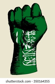 Sketch illustration of a fist with Saudi Arabia insignia