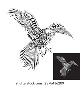 sketch illustration of a flying eagle flapping its wings.
attacks with its claws. side view.