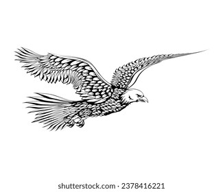 sketch illustration of a flying eagle flapping its wings. side view.