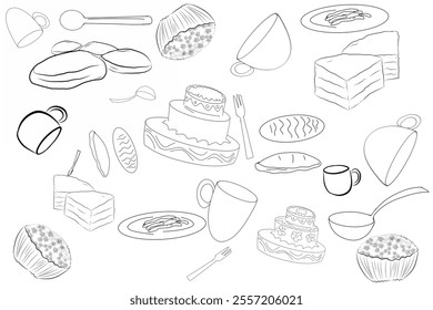 sketch illustration of food and drink collection on white background