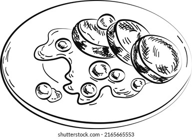 Sketch illustration of food. Pancakes with berries, sweets. Vector isolated on white background. Concept for menu, cards, logo, cafe