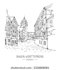 Sketch illustration of Baden-Württemberg, Germany, Europe. Sketchy line art drawing with a pen on paper. Hand drawn. Urban sketch in black color isolated on white background. Freehand drawing. Vector.