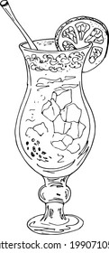 Sketch Illustration - Glass of  Cocktail with Straws, Ice and  Lime  .vector

