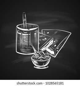 Sketch Illustration of Glass with Straw, Ice Bowl and Watermelon. Realistic Doodle Hand Drawn Illustration on Chalkboard