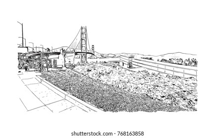 Sketch illustration of The Golden Gate Bridge is a suspension bridge spanning the Golden Gate, the one-mile-wide strait connecting San Francisco Bay and the Pacific Ocean in vector.