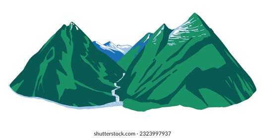 Sketch illustration of group of mountains with a waterfall between two mountains, isolated, on the neutral background.