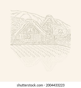 sketch illustration hand drawing rice field house scenery