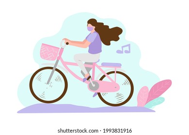 sketch illustration hand drawing the woman riding bicycle using mask for healthy