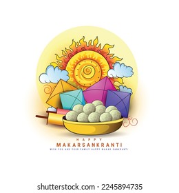  sketch illustration of Happy Makar Sankranti background with colorful kites,and sweets. 