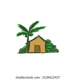 Sketch Illustration Of A House With A Coconut Tree Beside It