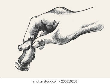 Sketch illustration of a human hand holding chess knight piece