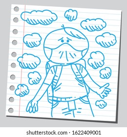 Sketch illustration of kid in the middle of air pollution.