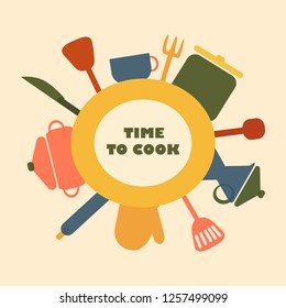 Sketch illustration of kitchen tools, ware, accessories, supplies, appliances, equipment, utensils, such as knives, forks, spoons, plate, pan, kettle  - Vector