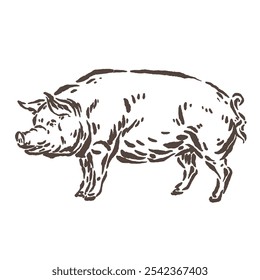 Ilustración de boceto de un cerdo Grande y gordo con un estilo de diseño muy único y de la vieja escuela