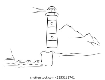 Dibujo ilustrativo del faro en la orilla rocosa
