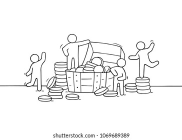 Sketch illustration with little people and coins. Doodle cute finance object. Hand drawn cartoon vector for business design.