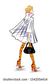 A sketch and illustration of long girl in stylish dress. 