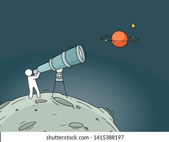 Sketch illustration - man with telescope. Doodle cute background about astronomy. Hand drawn cartoon vector education design.