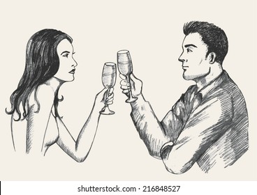 Sketch illustration of a man and woman toasting