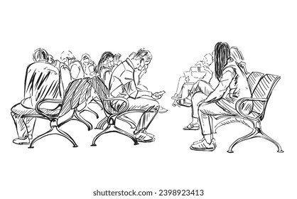 Sketch illustration Many people are waiting for public chairs inside the airport. People concept