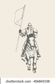 Sketch Illustration Of A Medieval Knight On Horse Carrying A Flag