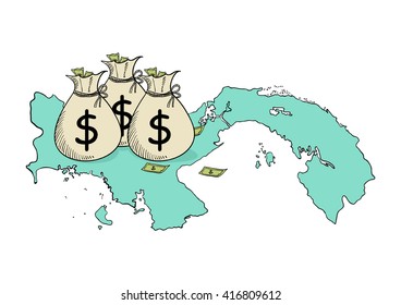 Sketch illustration of money bags on Panama map