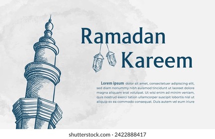 Esbozo Ilustración de la Torre de la Mezquita para Ramadán Kareem con fondo negro y texto árabe. Ilustración vectorial