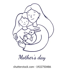 Sketch illustration for mother's day. Mom hugs her daughter, daughter holding a hare toy. Parent-child relationship. Monochrome vector sketch isolated on a white background.