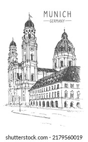 Sketch illustration of Munich, Germany, Europe. Freehand drawing. Vector sketch. Sketchy line art drawing with a pen on paper. Hand drawn. Urban sketch in black color isolated on white background.