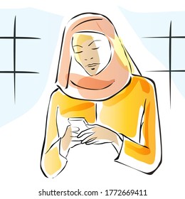 Sketch illustration of a Muslim woman checking her mobile phone. Editable vector file.