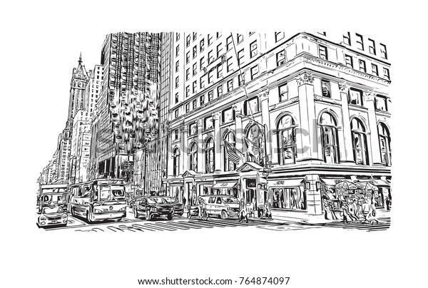 Sketch\
illustration of New York City, USA in\
vector.
