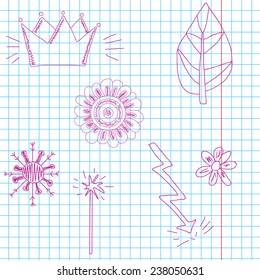 Sketch illustration in notebook with checked paper. Vector illustration of crown, abstract flower, lightning, magic wand and leaf.