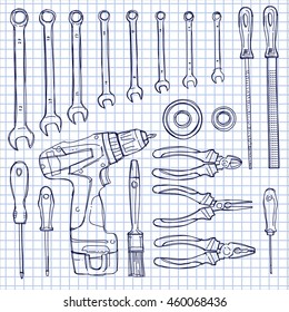 Sketch illustration objects for home repairs. Hand drawn vector elements in a notebook