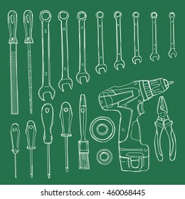 Sketch illustration objects for home repairs. Hand drawn vector elements on a green board