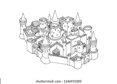 Sketch illustration of old city isolated on white background. Vector ink and pen hand drawn art. Royal european medieval castle with towers and fortress walls like ancient map style